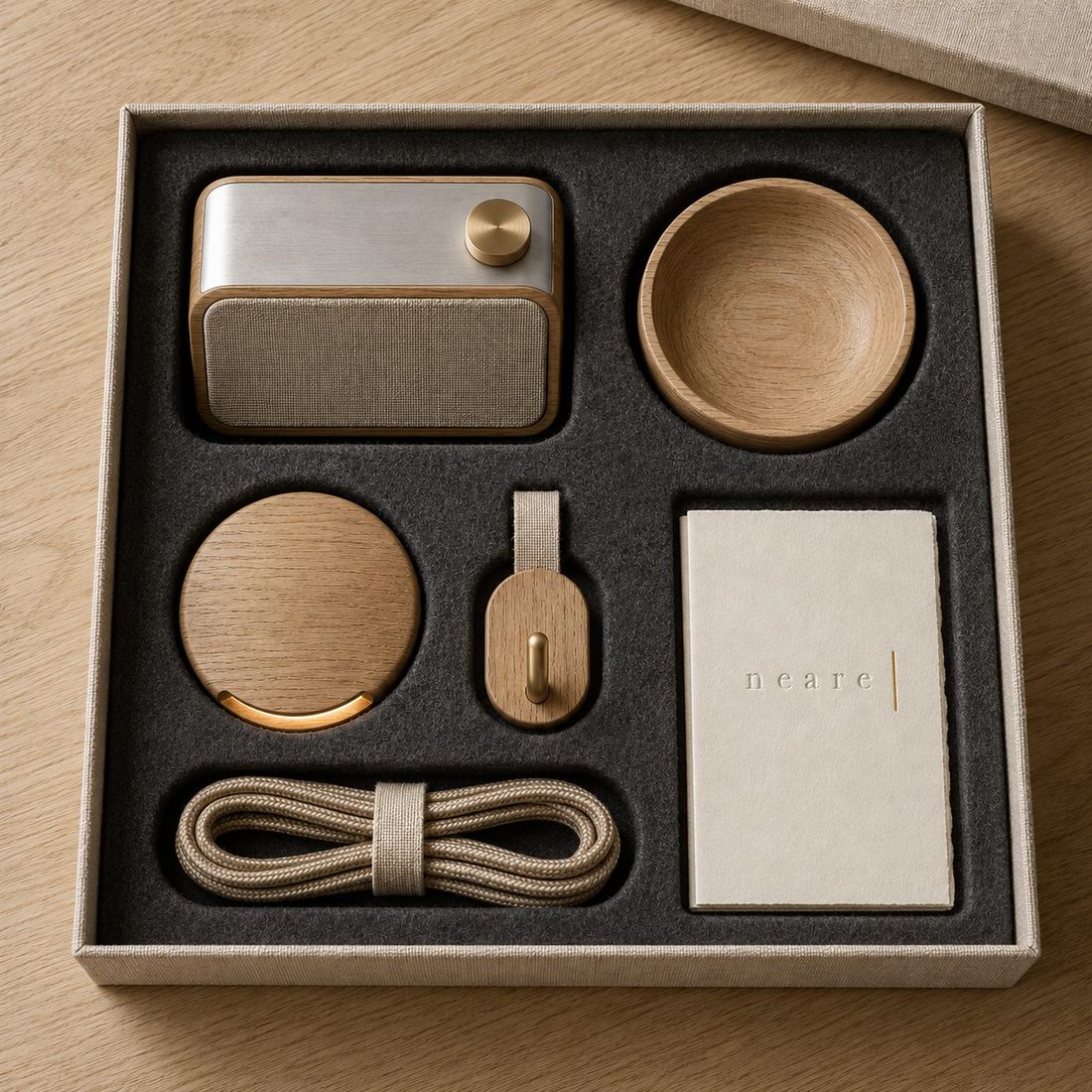 An open linen box holding an oak speaker, a turned oak bowl, a round oak night light, an oak wall hook, a coiled cable and a letterpress card.